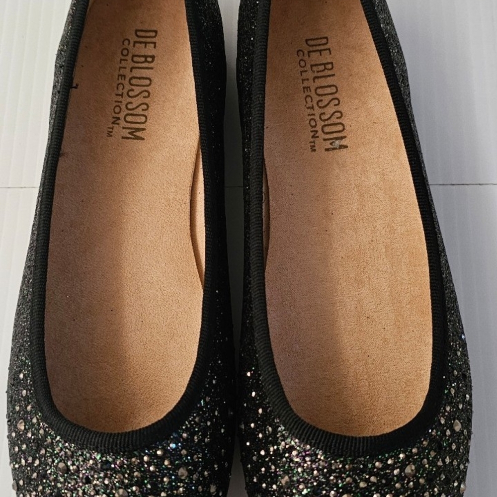 De Blossom Collection Black Glitter Flats